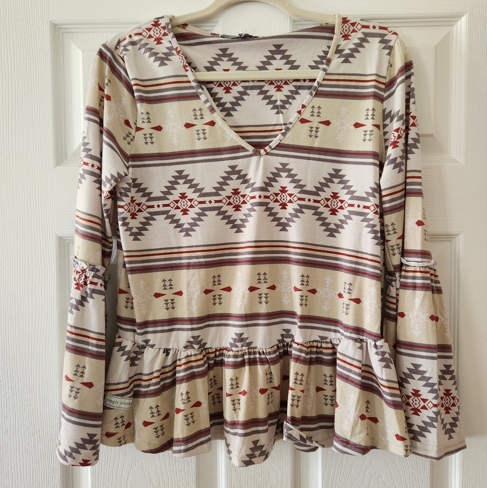 NWT Simply Southern Aztec Print Ruffle Peplum Belle Sleeve Boho Blouse